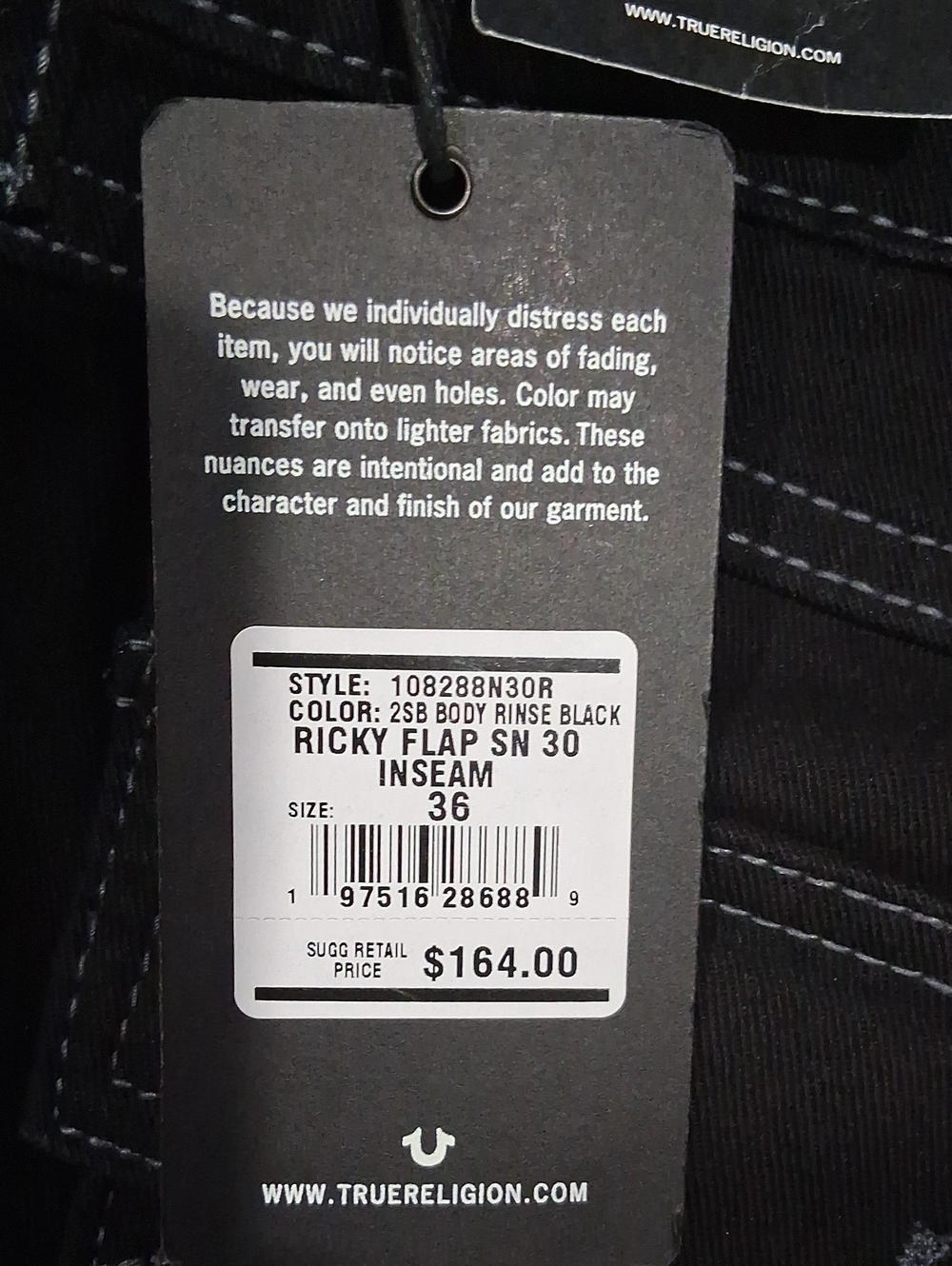 True Religion Ricky Relaxed Straight Jeans Size-36x30 Black NWT - Picture 7 of 7
